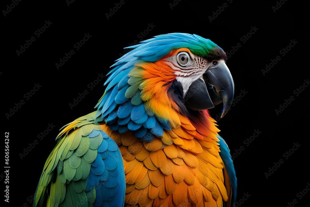 Obraz premium Colorful parrot isolated on black background Generative AI