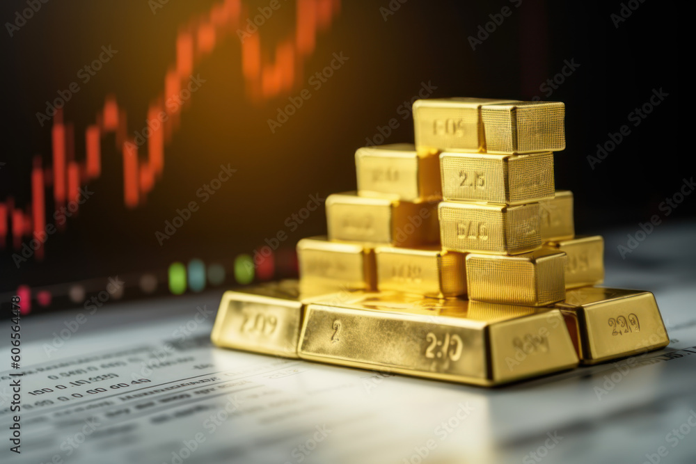 The concept of success and growth in business. Stock market business graph chart with gold bars. Forex market, gold market and crude oil market. AI The concept of success and growth in business. Stock market business graph chart with gold bars. Forex market, gold market and crude oil market. AI
