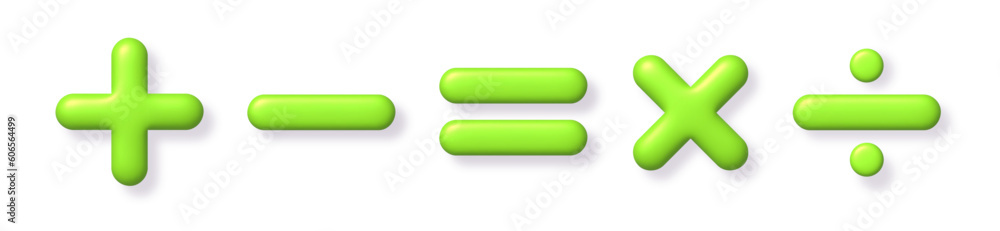 Math 3D icon set. Green arithmetic plus, minus, equals, multiply and divide signs on white background with shadow. Vector illustration. Math 3D icon set. Green arithmetic plus, minus, equals, multiply and divide signs on white background with shadow. Vector illustration.