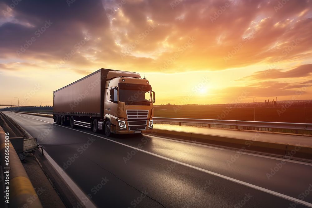 Logistics import export and cargo transportation industry concept of Container Truck run on highway road at sunset blue sky background, generative ai 