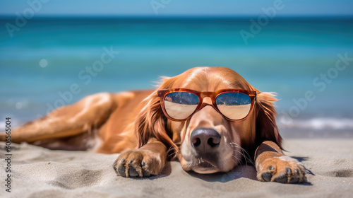 Dog with glasses on the beach. Generative Ai