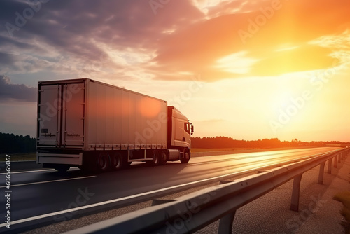 Logistics import export and cargo transportation industry concept of Container Truck run on highway road at sunset blue sky background, generative ai  photo