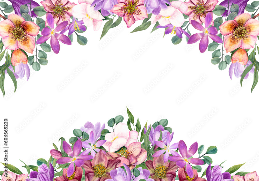 Unusual floral frame with watercolor hellebores, crocuses, eucalyptus isolated on transparent background. Botanical illustration for postcard design, invitation template, greetings