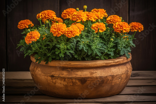 Orange Marigolds in a Terracotta Pot on a Wooden Table  generative ai 