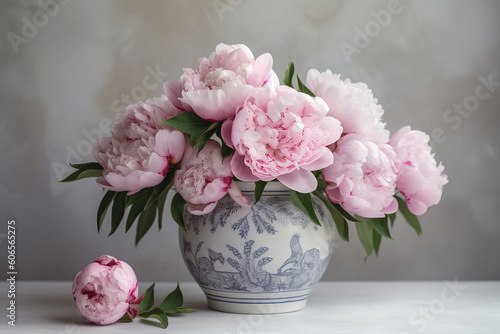 Pink Peonies in a White Vase on a Light Gray Background, generative ai  © vvalentine