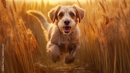 A dog runs between a field of ears. Generative Ai
