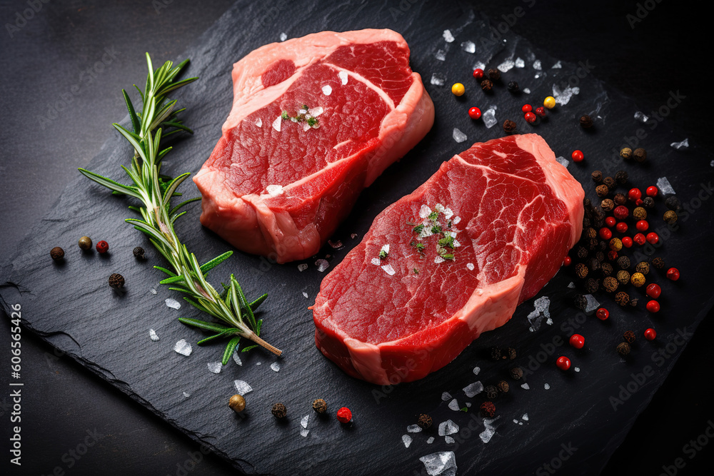 Raw steak on a slate. Two raw steaks on a dark shale background. Slice of meat with salt, pepper and herbs, generative ai 