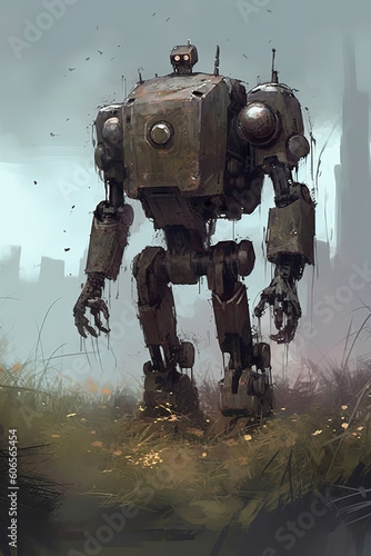 robot that is standing in the grass, mech, generative ai  © vvalentine