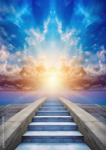 Stairway Leading Up To Sky At Sunrise - Resurrection And Entrance Of Heaven  generative ai 