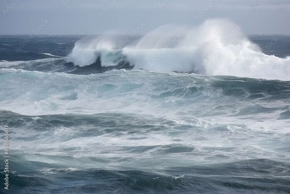 Waves Breaking and Spraying at High Seas and Strong Winds, generative ai 