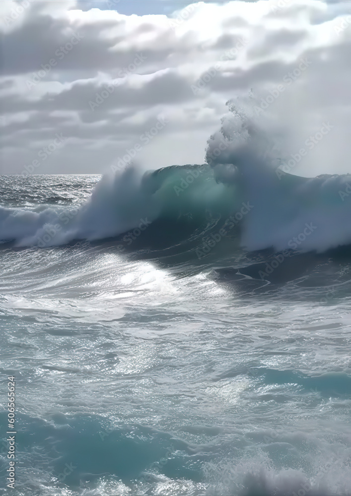 Obraz premium Waves Breaking and Spraying at High Seas and Strong Winds, generative ai 