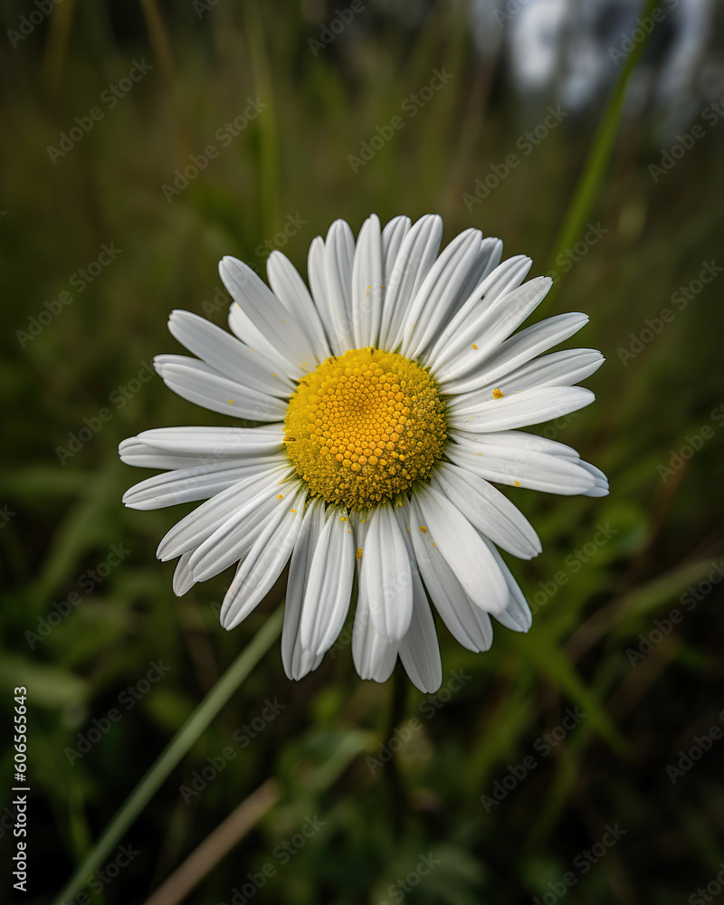 Fototapeta premium white daisy with a yellow center surrounded by a field of green grass, generative ai 