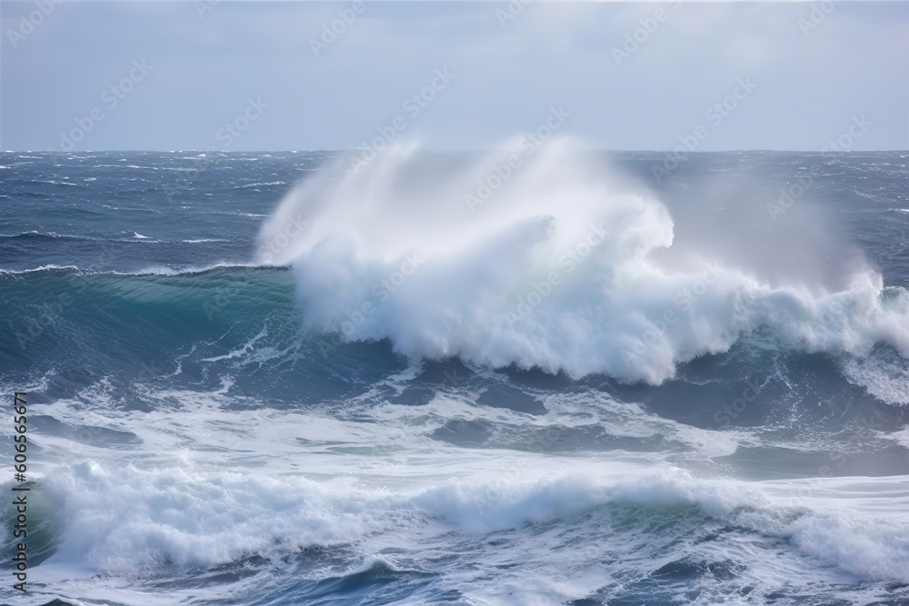 Fototapeta premium Waves Breaking and Spraying at High Seas and Strong Winds, generative ai 