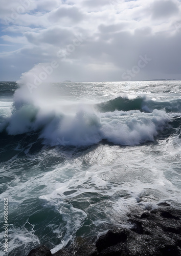 Waves Breaking and Spraying at High Seas and Strong Winds, generative ai 