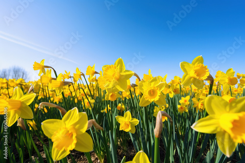Yellow Daffodils in a Field Against a Blue Sky, generative ai 