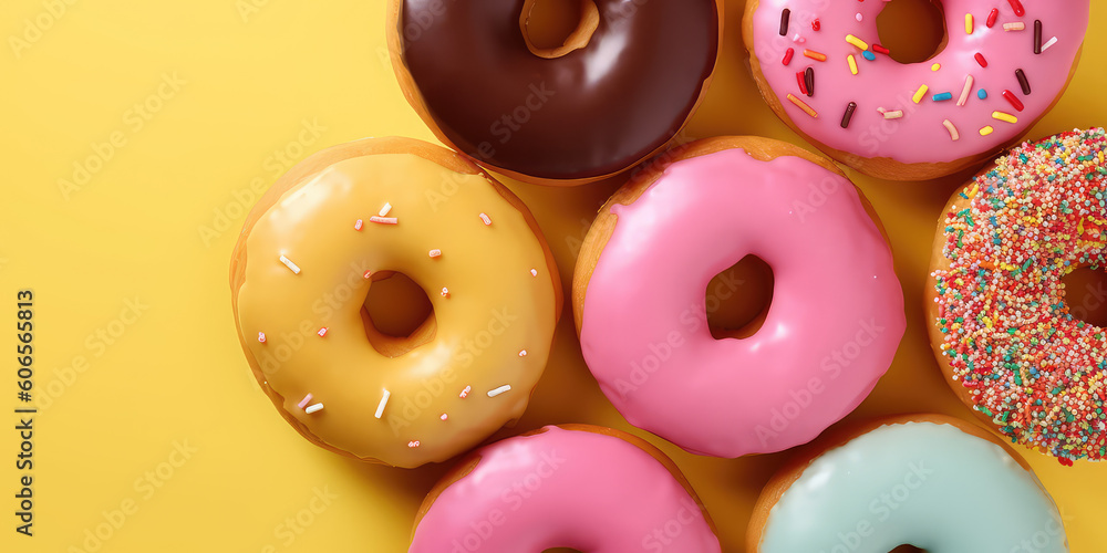 Closeup Top view of delicious vanilla doughnuts with colored glaze isolated on a flat yellow surface background. Creative wallpaper with donuts. Generative AI professional photo imitation. Closeup Top view of delicious vanilla doughnuts with colored glaze isolated on a flat yellow surface background. Creative wallpaper with donuts. Generative AI professional photo imitation.