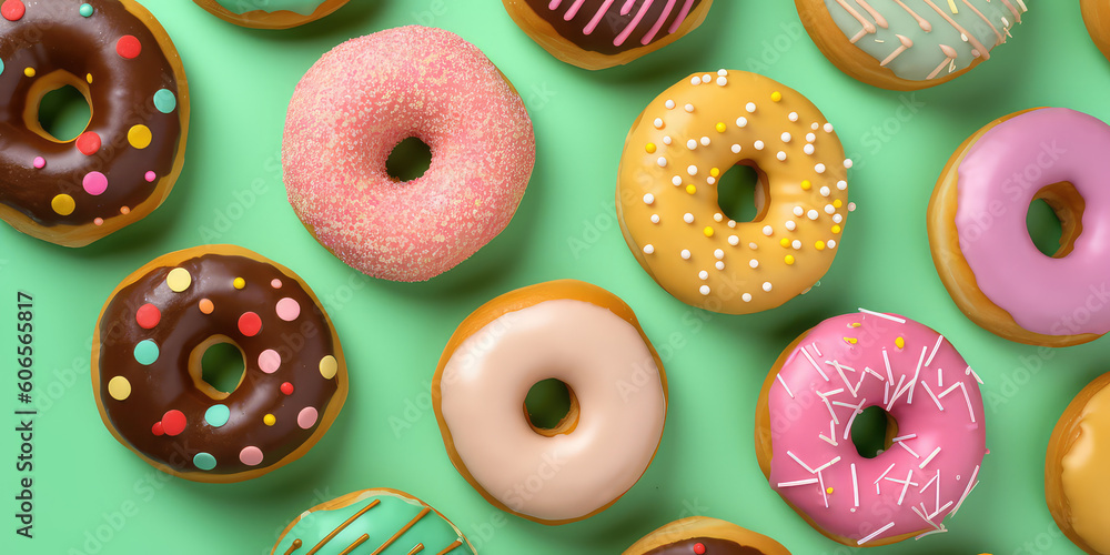 Close-up Top view of delicious vanilla doughnuts with colored glaze isolated on a flat green surface background. Creative wallpaper with donuts. Generative AI professional photo imitation. Close-up Top view of delicious vanilla doughnuts with colored glaze isolated on a flat green surface background. Creative wallpaper with donuts. Generative AI professional photo imitation.