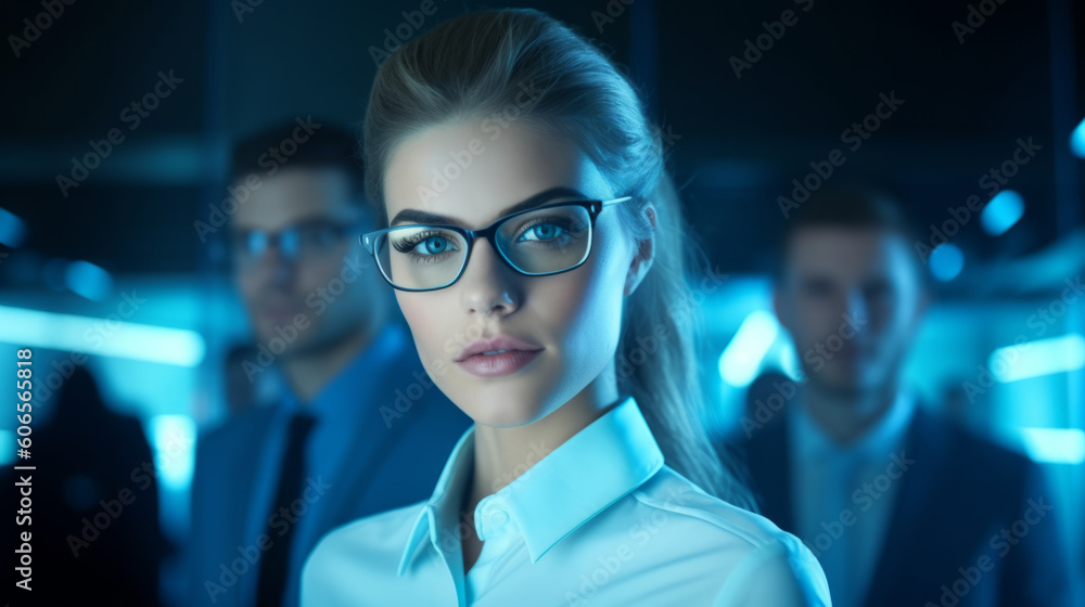Female portrait of a laboratory scientist in a high technology research organization, students and scientists at a practical lesson. Created with AI. Female portrait of a laboratory scientist in a high technology research organization, students and scientists at a practical lesson. Created with AI.
