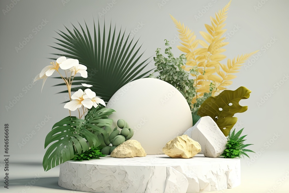 Natural beauty podium background with summer tropical plant for product showcase. Generative AI Natural beauty podium background with summer tropical plant for product showcase. Generative AI