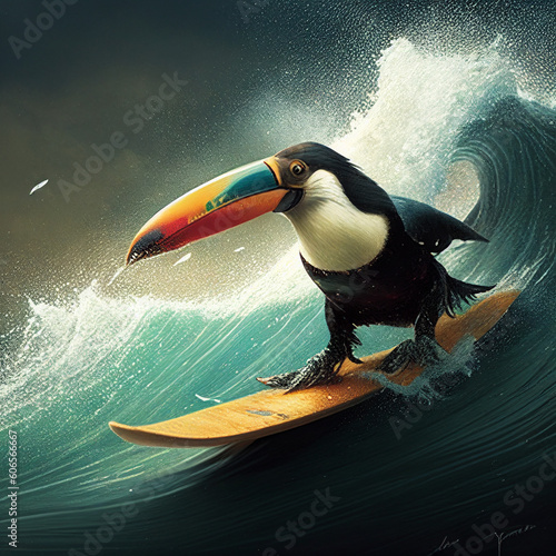 Animal ave tucano bico surf surfando no mar photo