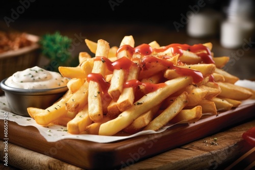 fried fries with tomato sauce and mayonnaise Cinematic Editorial Food Photography