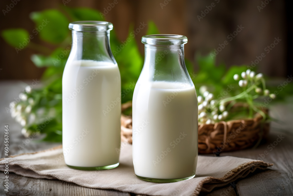 Glass bottles of fresh milk stand out, looking lovely and tasty.generate with AI Glass bottles of fresh milk stand out, looking lovely and tasty.generate with AI