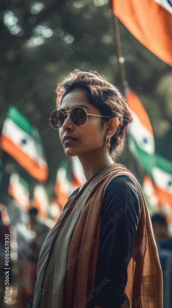 AI generated Young indian woman with orange scarf and sunglasses walking in the park