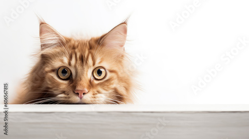 portrait of a peeking cat head. Red cat peeking out. Copy Space. Generative AI