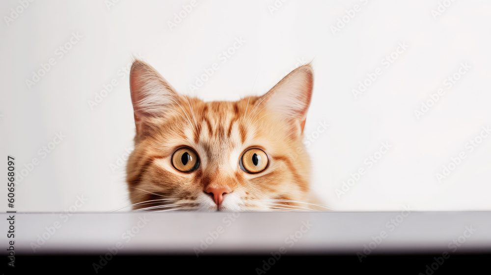 portrait of a peeking cat head. Red cat peeking out. Copy Space. Generative AI portrait of a peeking cat head. Red cat peeking out. Copy Space. Generative AI