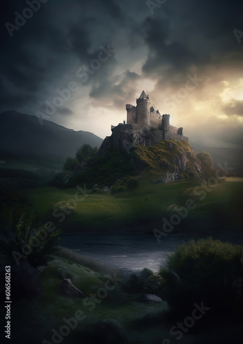 An ancient mythical castle landscape scenic on a stormy evening, generative ai 