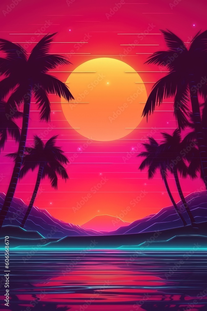The wallpaper is a beach retro wave or synthwave background. (Generative AI)