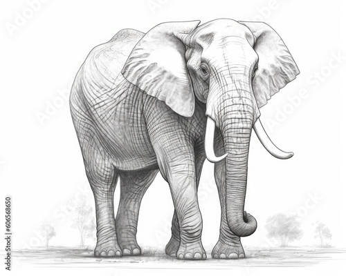 An elephant drawn realistically on the computer  isolated on white.  Generative AI 