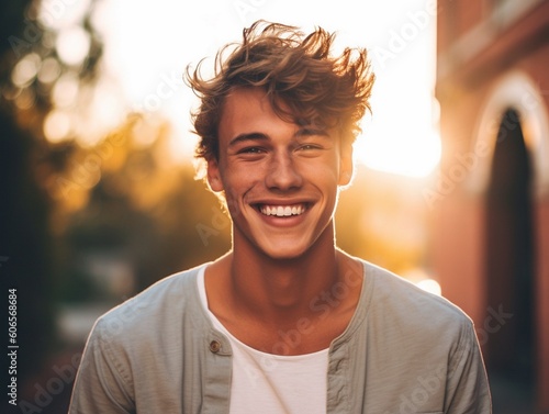 Portrait Of Young Handsome Man Smiling Outdoor, warm tones, AI generative