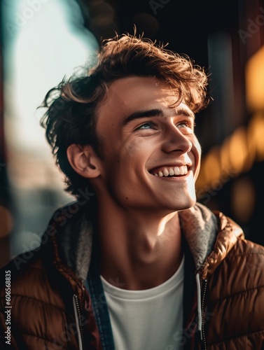 Portrait Of Young Handsome Man Smiling Outdoor, warm tones, AI generative © Valery Zayats