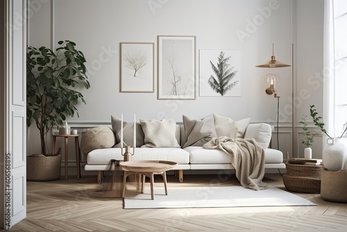 Design sofa  tropical plant  pillows  blanket  gramophone  and mock up picture frames are all featured in this stylish Scandinavian white room. Modern living area with white walls and Generative AI