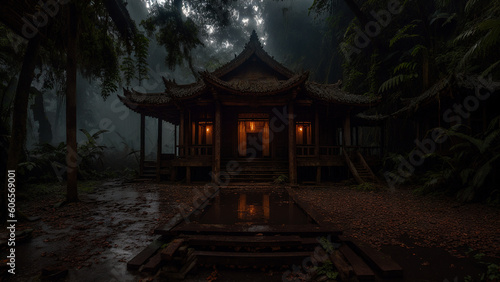 ancient japan wooden temple with orange glowing light in jungle forest at foggy rainy evening reflecting on wet ground, generative AI 