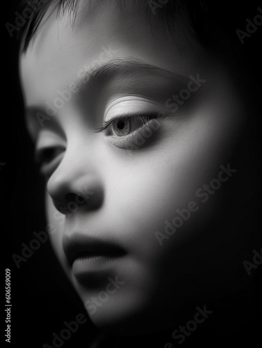 sensual closeup portrait of a cute child with down syndrome, AI generative