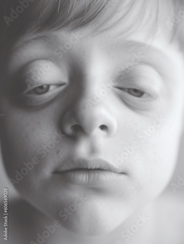 sensual closeup portrait of a cute child with down syndrome, AI generative