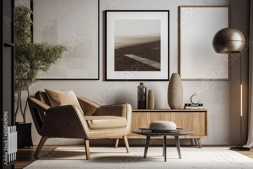 Contemporary living room with wooden side table  sparse furnishings  and art frame. Art and print mockups can be utilized with the empty frame mockup that is hung on the wall. Depth of Generative AI