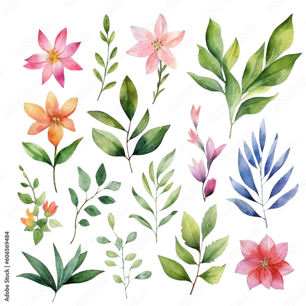 Obraz premium Set of beautiful watercolor green leaves and flowers