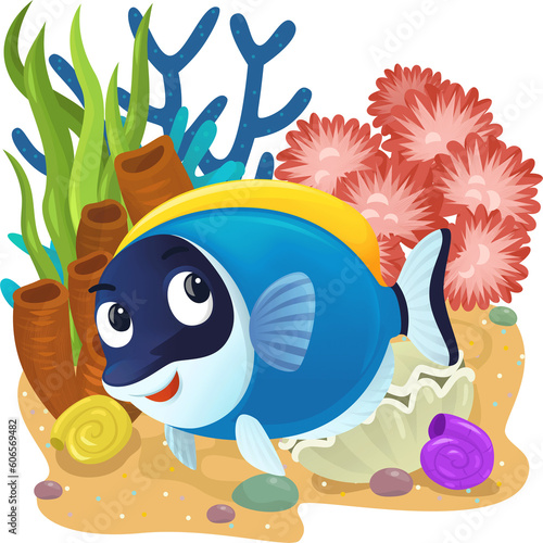 cartoon scene with coral reef with swimming cheerful fish isolated element illustration for children