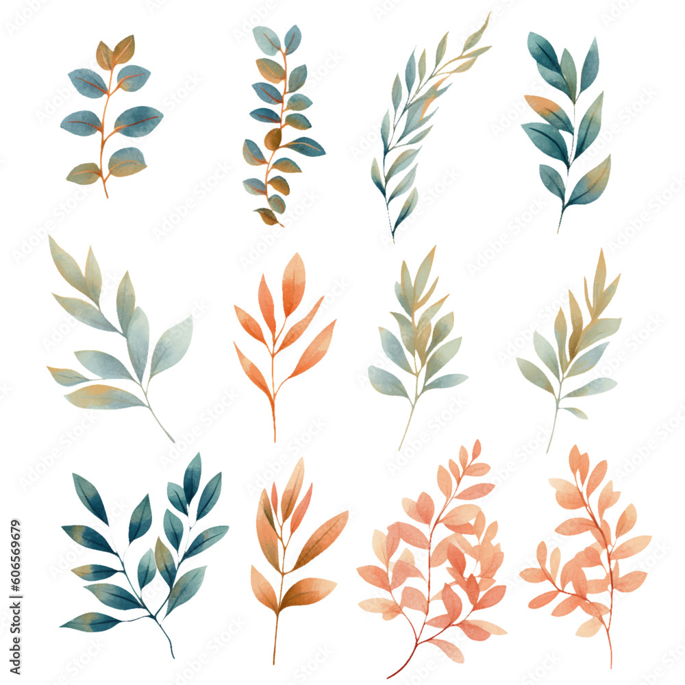 Set of beautiful watercolor green leaves Set of beautiful watercolor green leaves