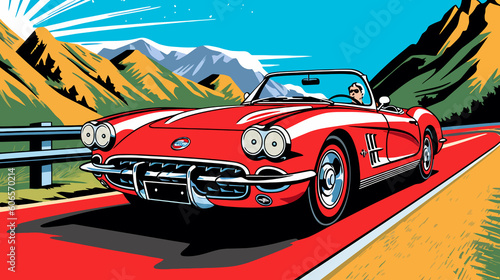 Retro race car on road and colorful background. Comic book style