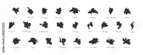 Silhouettes of maps of 25 Ukrainian cities. Set of black icons: Kyiv, Lviv, Odesa, Dnipro, etc. Isolated vector illustration photo