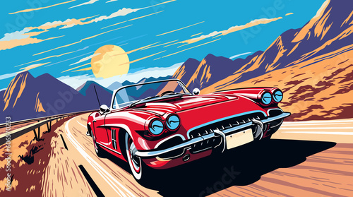Retro race car on road and colorful background. Comic book style © dreamer82