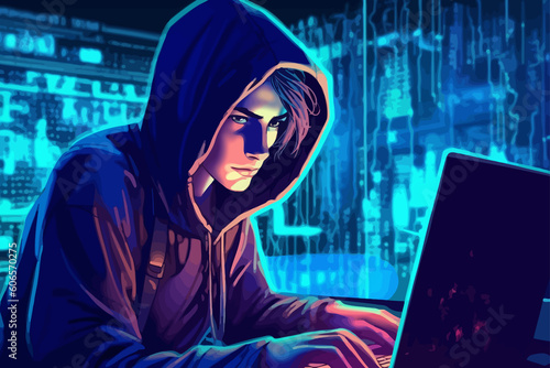 Hacker in hoodie breaking into data server dark theme.
