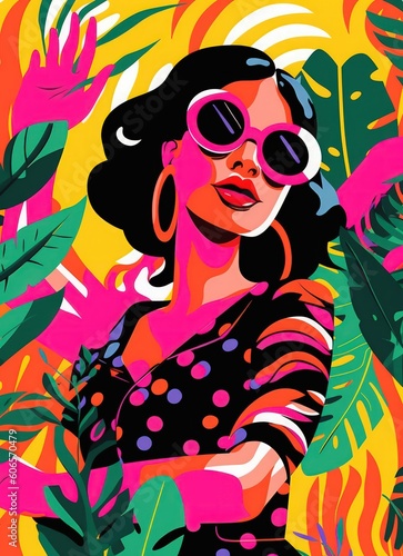 Girl in sunglasses among tropical leaves by Generative AI