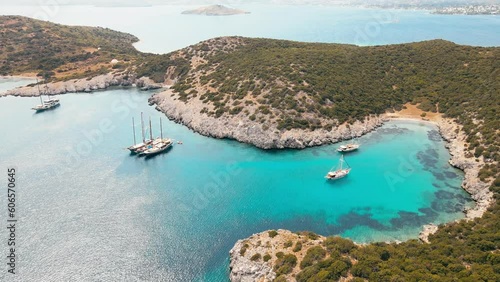 Beautiful lagoon in Bodrum Turkey with sailing yachts. Aerial view photo