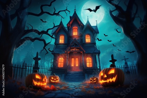 Dark illustration of haunted house. Halloween concept. Generative AI illustration