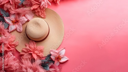 Pink background layout of flowers with summer hat with copy space for text. Summer vibes. Generative AI